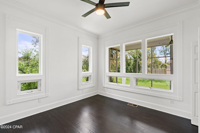 spare room featuring dark hardwood / wood-style flooring, ceiling fan, plenty of natural light, and crown molding