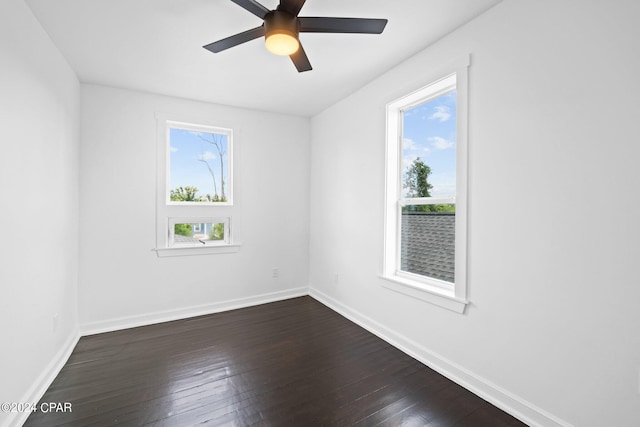 empty room with ceiling fan, wood-type flooring, and plenty of natural light