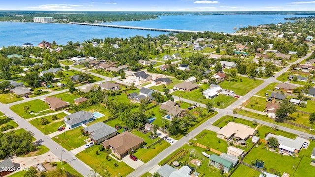 drone / aerial view with a water view