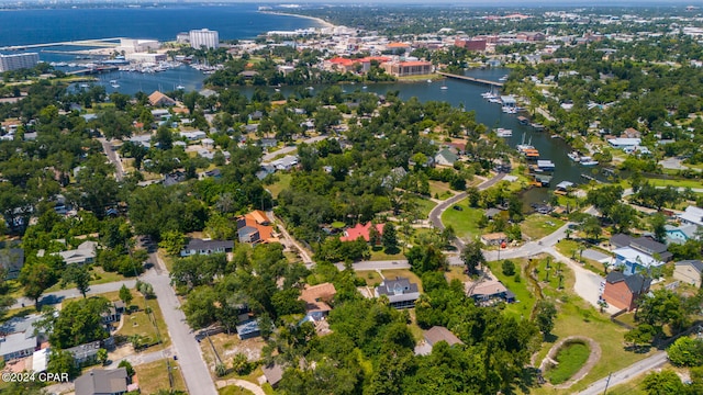 drone / aerial view featuring a water view