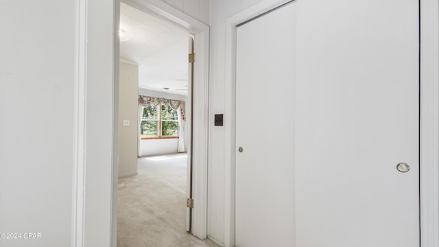 hallway featuring light colored carpet and crown molding