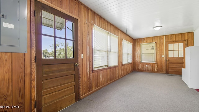 doorway to outside featuring electric panel, wood walls, and light colored carpet