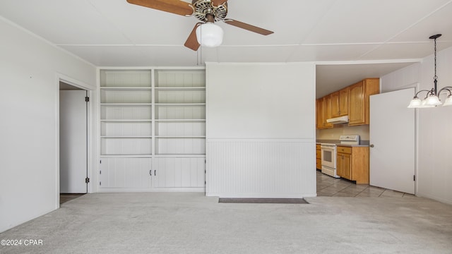 unfurnished living room featuring light carpet and ceiling fan with notable chandelier