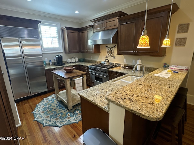 kitchen featuring sink, high end appliances, light stone counters, decorative light fixtures, and kitchen peninsula