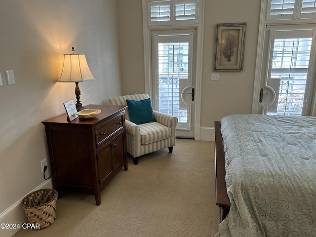 bedroom featuring multiple windows and light colored carpet