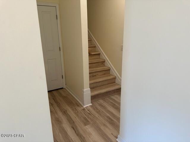 stairs featuring hardwood / wood-style floors