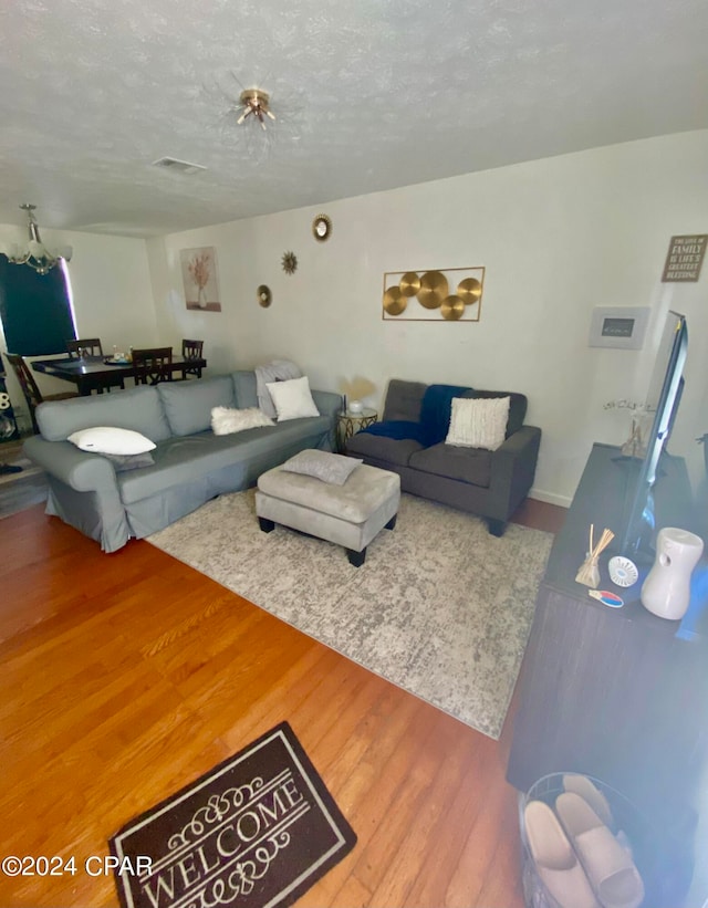 living room with hardwood / wood-style floors and a textured ceiling