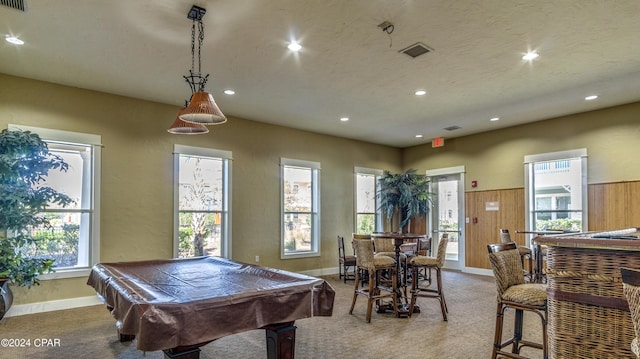 game room featuring plenty of natural light, light colored carpet, and billiards