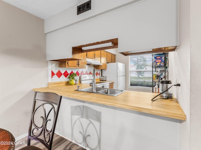 kitchen with dark hardwood / wood-style floors, sink, white appliances, and decorative backsplash