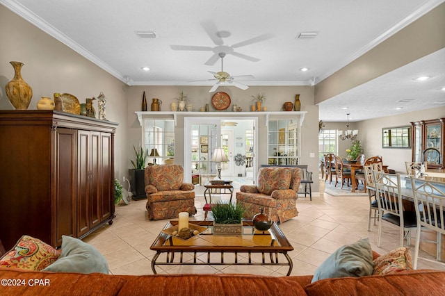 living area featuring recessed lighting, visible vents, crown molding, and light tile patterned floors