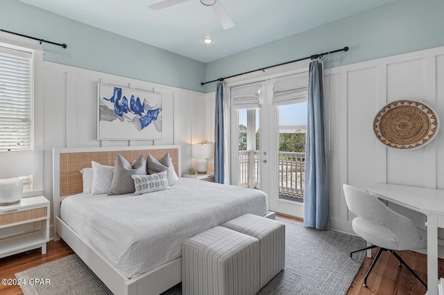 bedroom featuring access to exterior, ceiling fan, and hardwood / wood-style floors