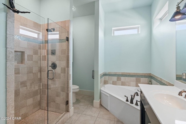 full bathroom featuring tile patterned floors, plus walk in shower, toilet, and a wealth of natural light