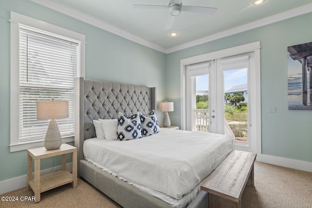 carpeted bedroom featuring ornamental molding, access to outside, french doors, and ceiling fan