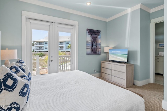 bedroom featuring access to outside, french doors, crown molding, and carpet flooring