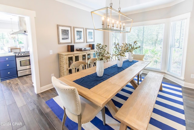 dining space with dark wood-type flooring, a chandelier, and a healthy amount of sunlight