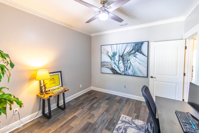 home office featuring ceiling fan, dark hardwood / wood-style floors, and crown molding