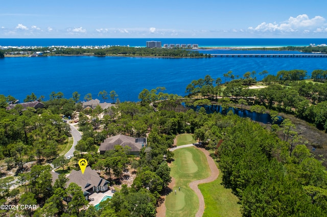 drone / aerial view with a water view