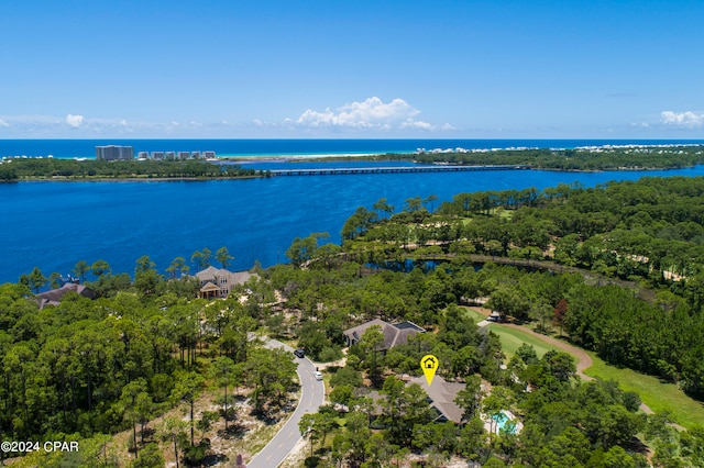 drone / aerial view featuring a water view