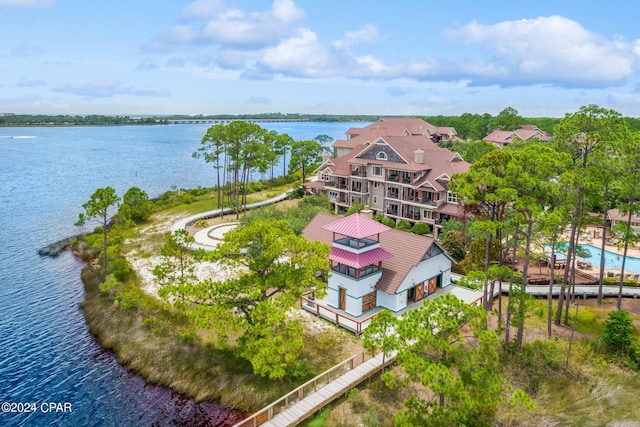 drone / aerial view with a water view