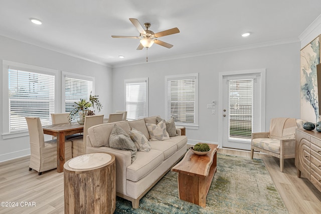 living room with light hardwood / wood-style flooring, ceiling fan, and ornamental molding