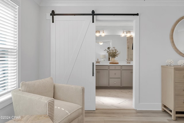 living area featuring a barn door, light hardwood / wood-style flooring, and sink