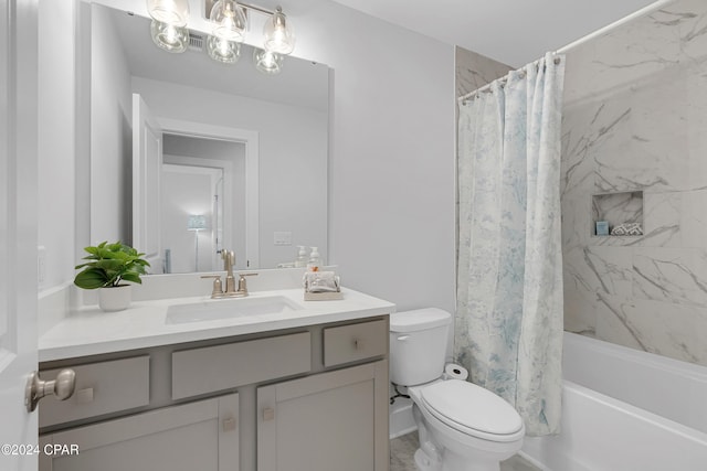 full bathroom with vanity, toilet, and shower / bathtub combination with curtain