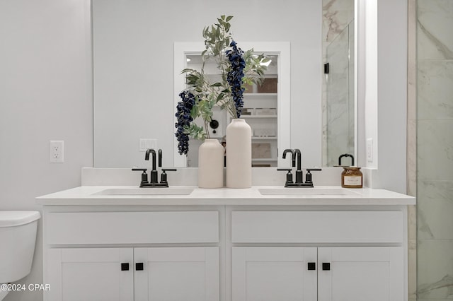 bathroom featuring vanity, an enclosed shower, and toilet