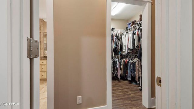 spacious closet featuring dark hardwood / wood-style flooring