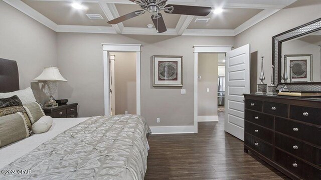 bedroom with crown molding, coffered ceiling, ceiling fan, and dark hardwood / wood-style floors