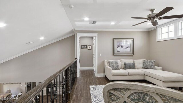 living room with ceiling fan, dark hardwood / wood-style floors, vaulted ceiling, and ornamental molding