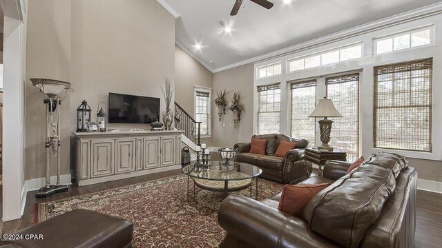 living room featuring high vaulted ceiling, ceiling fan, dark hardwood / wood-style flooring, and ornamental molding