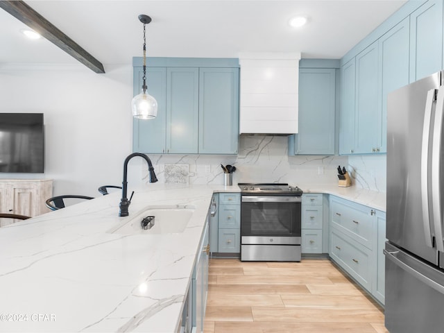 kitchen featuring hanging light fixtures, stainless steel appliances, backsplash, sink, and light hardwood / wood-style floors