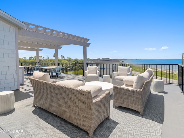 view of patio featuring an outdoor living space, a water view, and a pergola