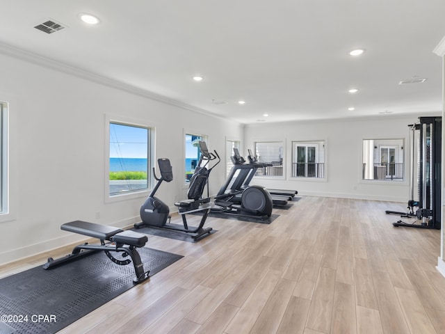 exercise room with light hardwood / wood-style floors and ornamental molding