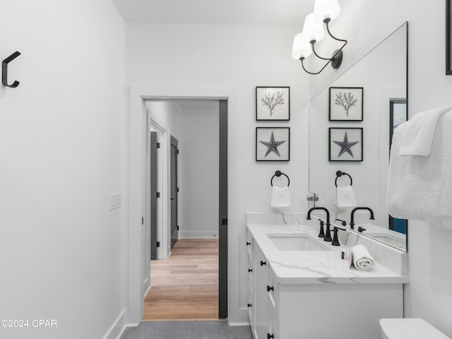 bathroom with vanity, wood-type flooring, and toilet