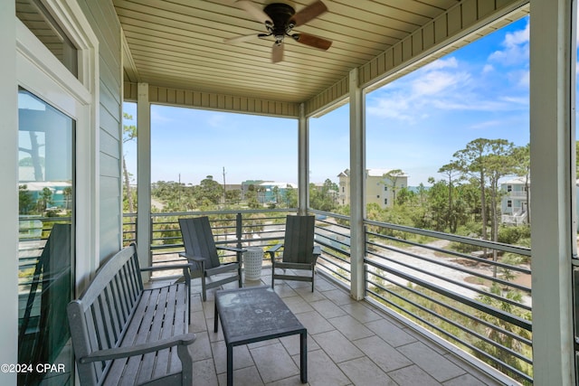 sunroom / solarium with ceiling fan and wood ceiling