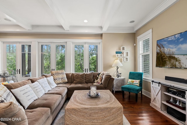 living room with dark wood-type flooring, french doors, beamed ceiling, and ornamental molding