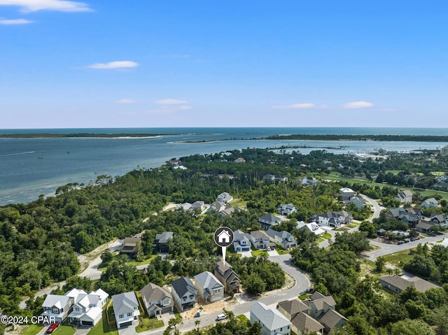 drone / aerial view with a water view