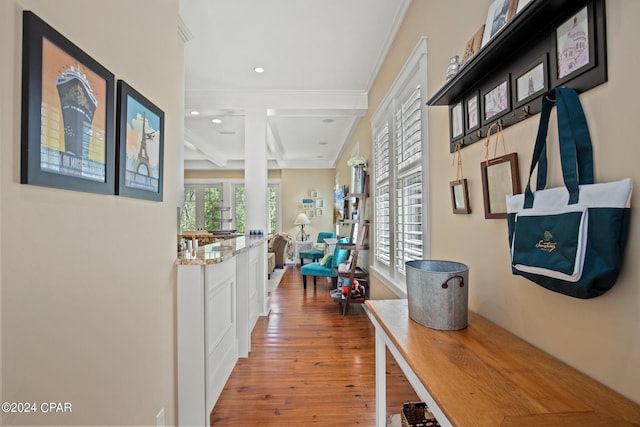 hallway with ornamental molding and dark wood-type flooring