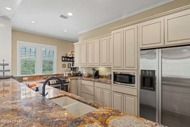 kitchen with ornamental molding, stainless steel appliances, and sink