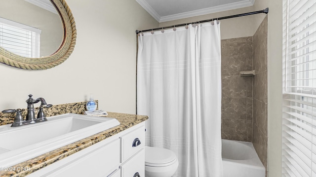 full bathroom with shower / bath combo, toilet, ornamental molding, and vanity