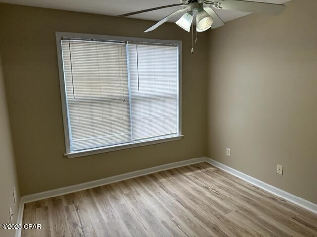 empty room with ceiling fan and light hardwood / wood-style flooring