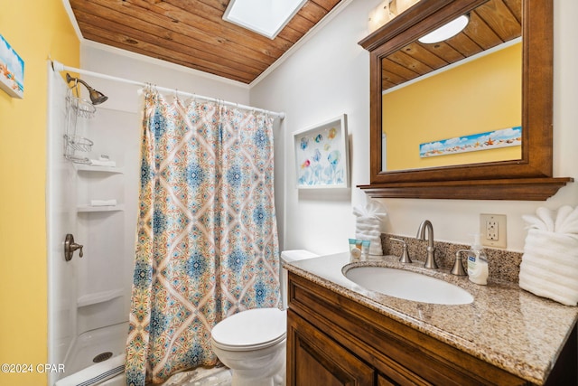 bathroom with toilet, vanity, walk in shower, and wood ceiling