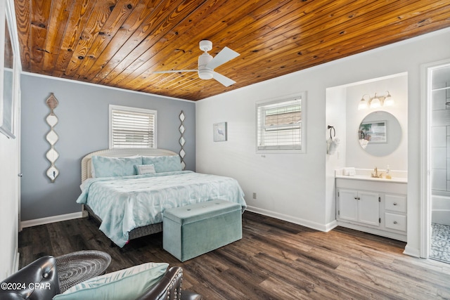 bedroom with connected bathroom, sink, wood-type flooring, ceiling fan, and wooden ceiling