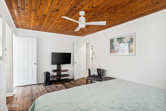 bedroom with ceiling fan, hardwood / wood-style floors, and wood ceiling