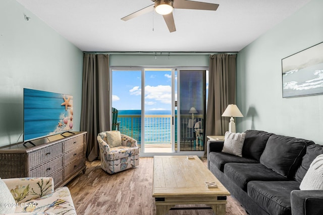 living room with hardwood / wood-style flooring and ceiling fan