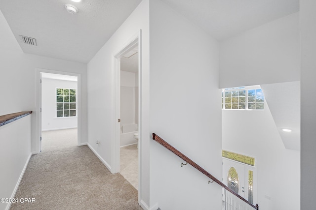 corridor with light carpet, plenty of natural light, and lofted ceiling