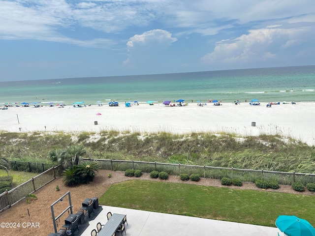 view of water feature with a beach view