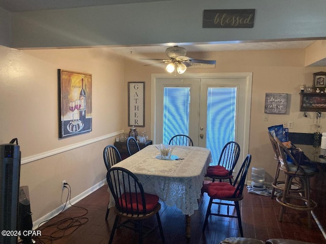 dining room with french doors, dark hardwood / wood-style flooring, and ceiling fan