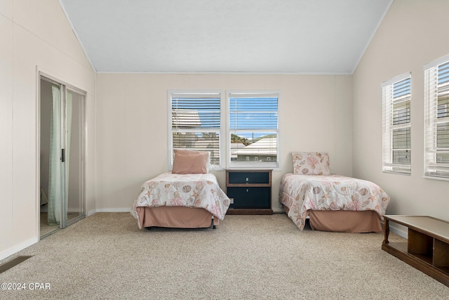 carpeted bedroom with vaulted ceiling and multiple windows